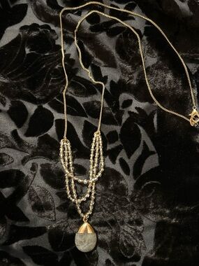 Gold-Tone Multi-Strand Beaded Necklace with Stone Pendant